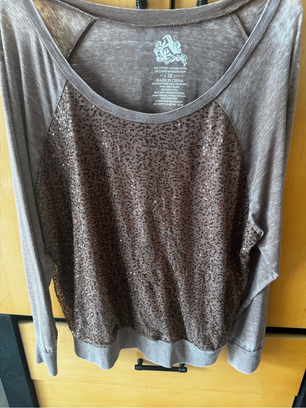 Women’s Brown Long-Sleeve Sequin Front Pullover Top